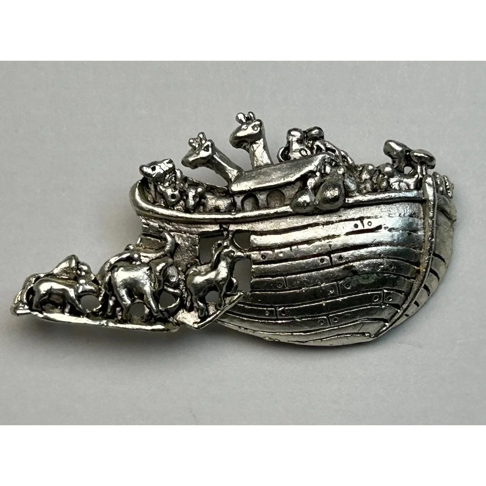 Silver Tone Noahs Ark‎ Brooch Pin Animals Giraffe Elephant Made USA